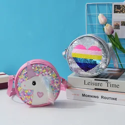 Girls Sequin Crossbody Bag Unicorn Kids Shoulder Bag Adjustable Strap Princess Handbag Heart Rainbow Lovely Cartoon Coin Purse