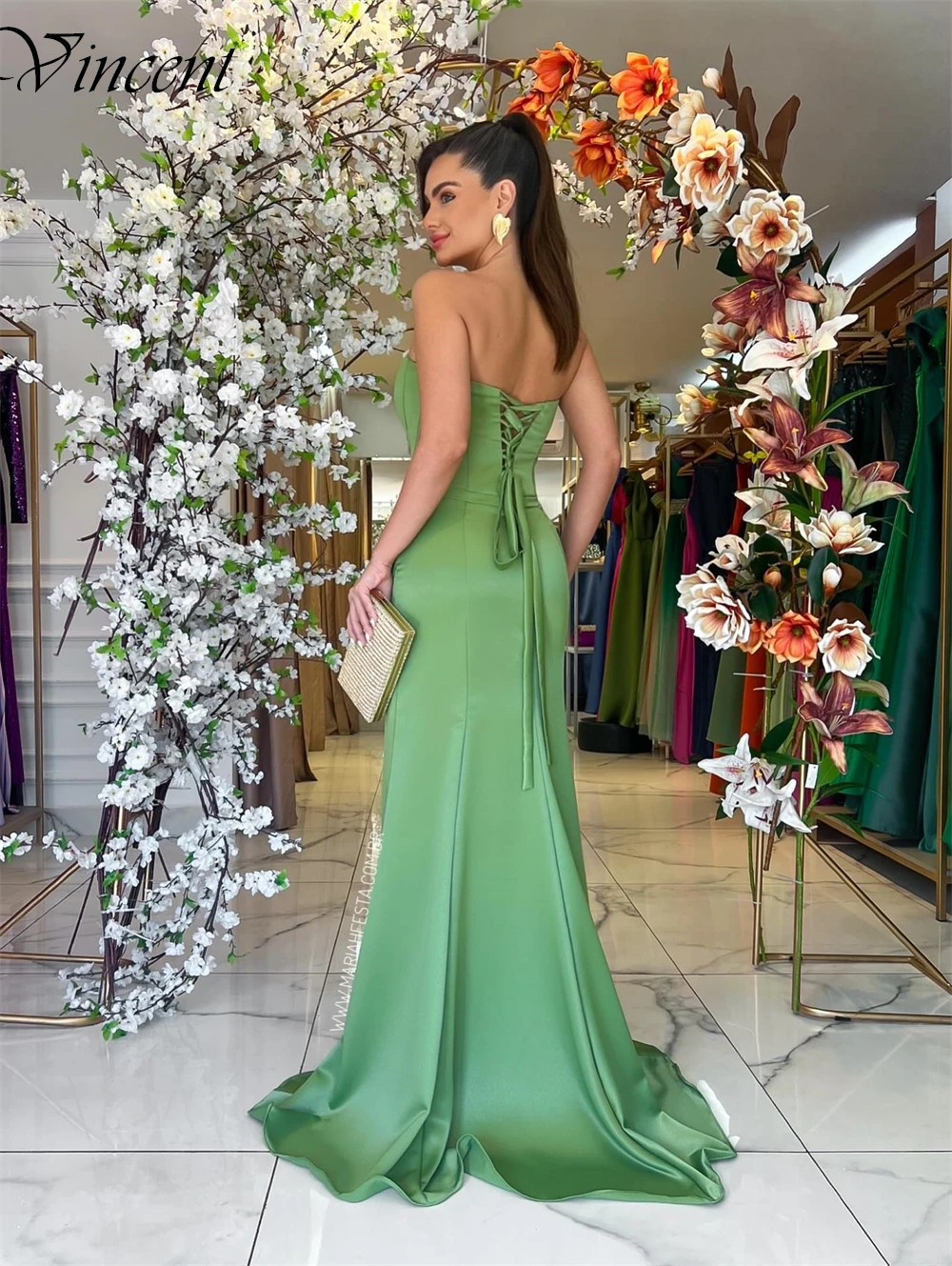 Customized Sweetheart Half Sleeves Luxury Evening Dress Mermaid Floor Length Fashion Cocktail Dress Green Lace Up Back Prom