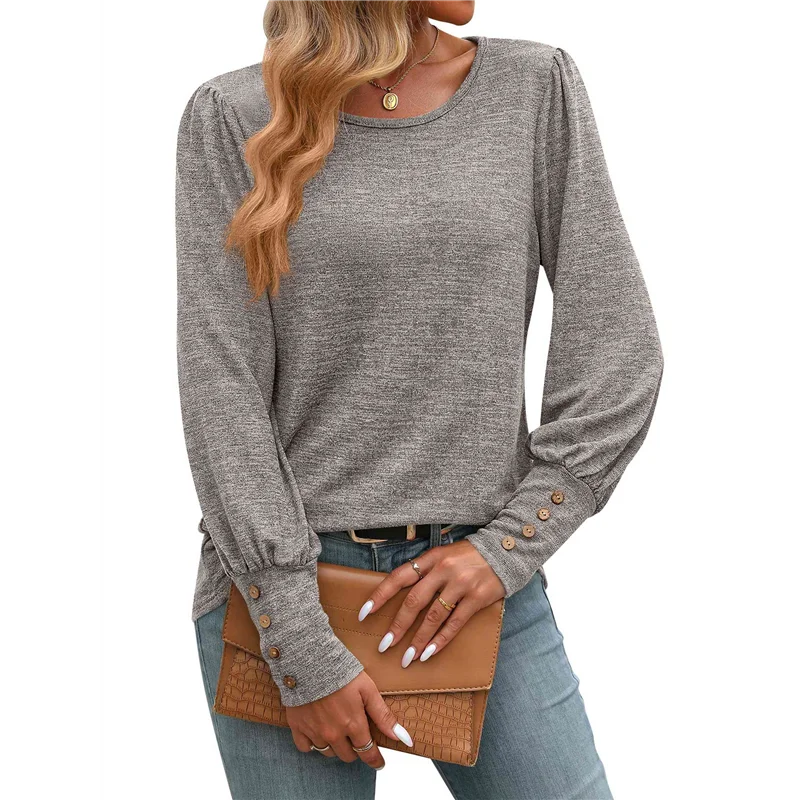 

CYL-Women's Puff Short Long Sleeve Tops Crewneck Loose Casual Blouse Shirts With Button Details