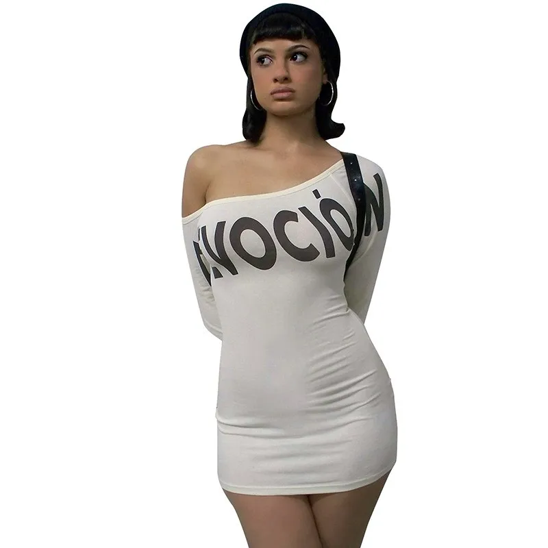 섹시하고 매혹적인 여성용 레터 프린트 오프숄더 롱 슬리브 하이웨이스트 바디콘 스커트, 여성용 가을 신상품