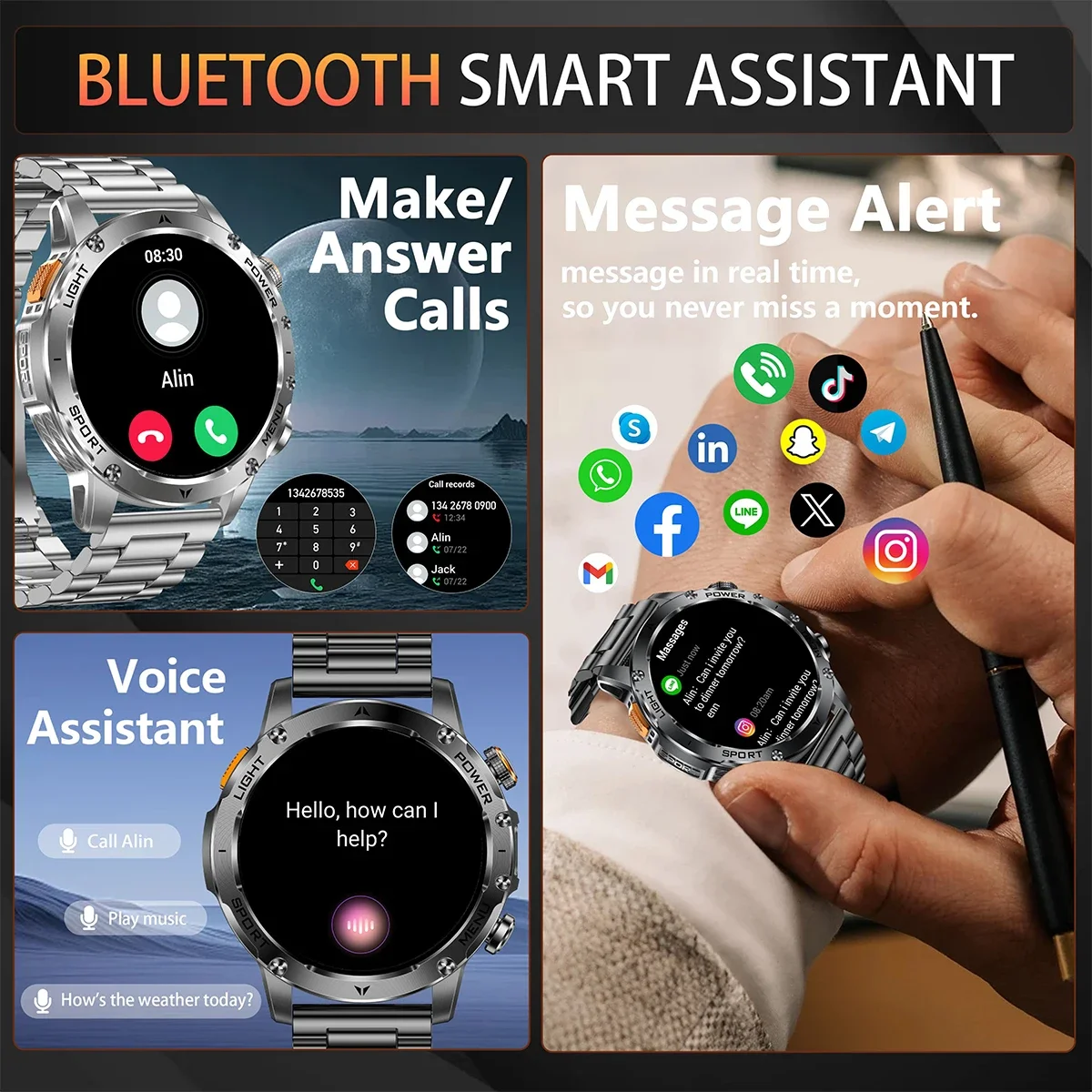 KPEP AK87 Men Military Smart Watch 1000mAh Large Battery LED Flashlight 100+ Sports Modes Fitness answer/dial phone Smartwatch