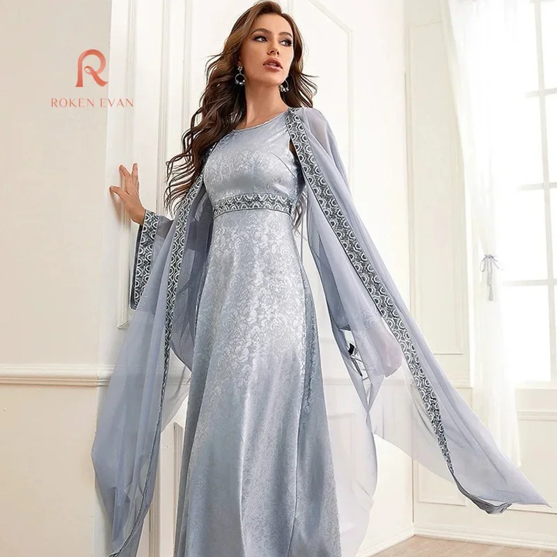 ROKEN EVAN 2024 Women Middle Eastern Muslim women's embroidered set Dress Sets Sliver color  muslim dress women