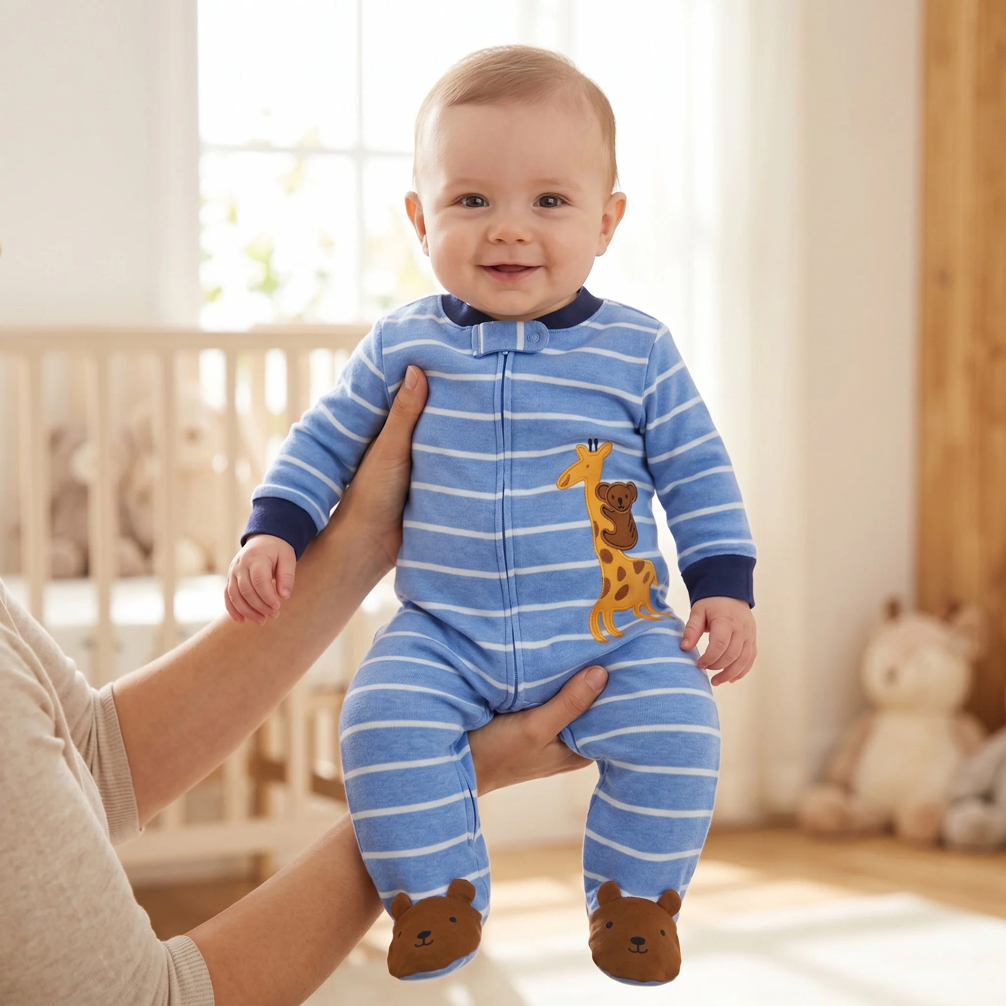 Pure Cotton Striped Footed Baby Romper Chest Waist Feet Cute Animal Embroidery Zipper Onesie for 3-9M Newborn Boys All Seasons