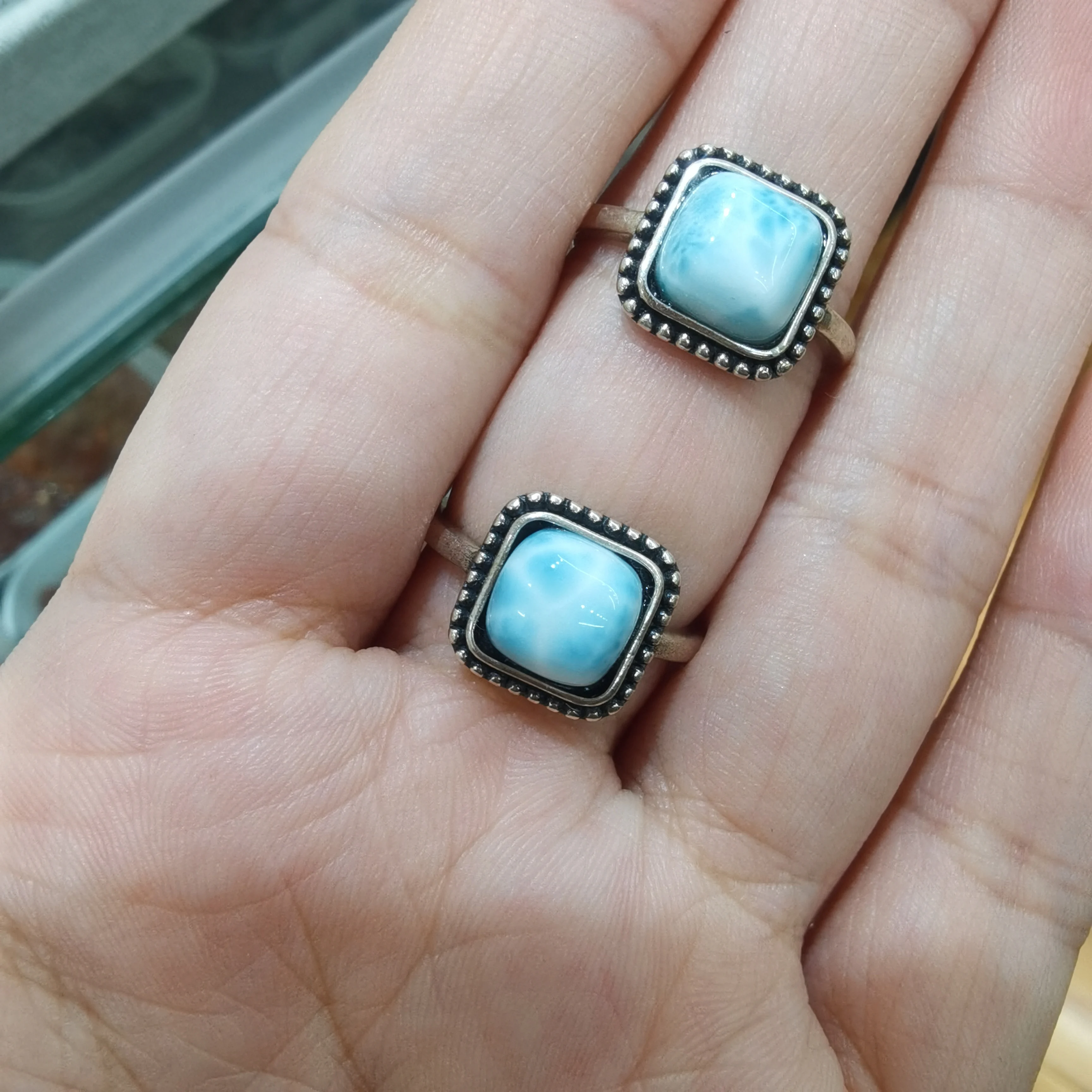 Solid 925 Sterling Silver Rings With Natural Larimar Gemstone Ring For Women Men Adjustable Size