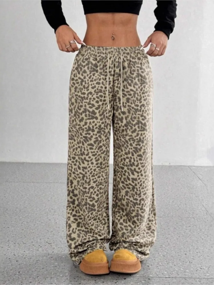 Autumn Hot Girl High-waisted Wide-leg Trousers Women's Elegant Loose Slimming Leopard Pattern Mopping Casual Versatile Pants