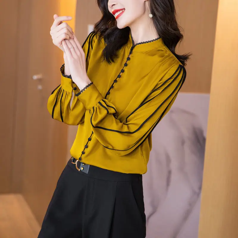 Temperament Contrast Patchwork Shirt Tops Spring Autumn New Long Sleeve All-match Elegant Blouse Vintage Fashion Women Clothing