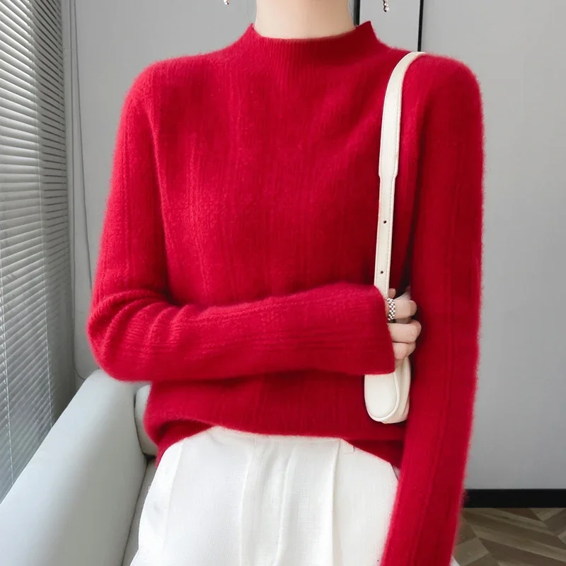 Suéter de lana ahuecado de Cuello medio alto sin costuras para mujer, jersey de manga larga de Color sólido, Jersey de punto de Cachemira cálido para invierno