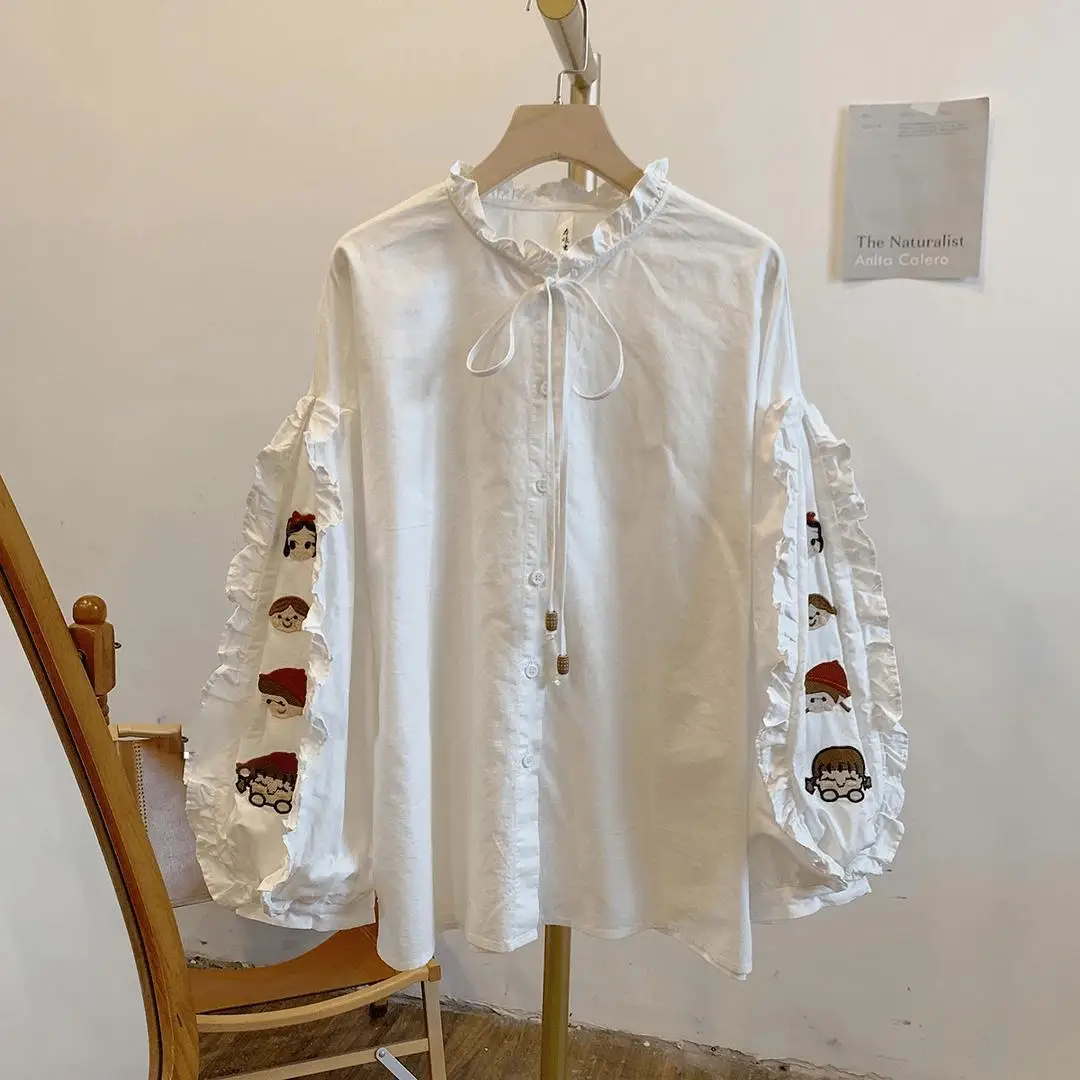 

Stand Up Collar Lace Up Cartoon Embroidered Long Sleeved Shirt