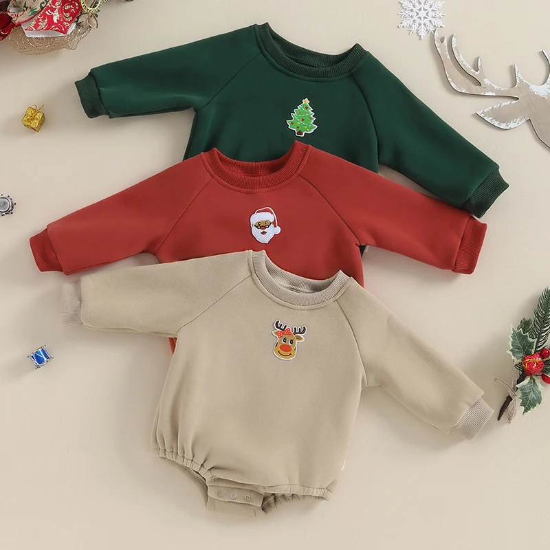 

Tregren 0-3Y Infant Baby Christmas Fleece Lined Jumpsuit Cartoon Embroidery Round Neck Long Sleeve Romper for Toddler Boys Girls