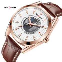 AOCASDIY Self-Owned Brand New Earth Image Luxury Men's Watch WaterProof Luminous Calendar Leisure Men's Quartz Belt Watch Men Re