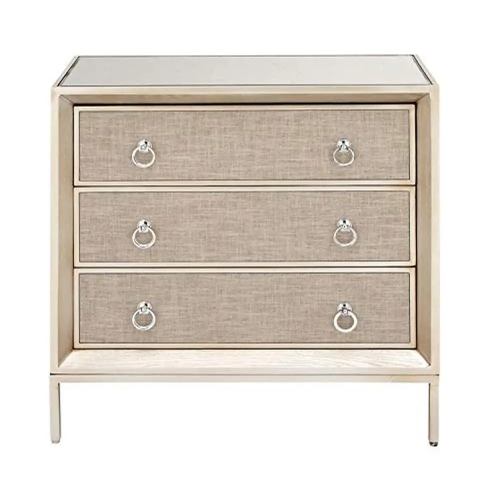 Beige Wooden Storage Cabinet Mirrored Top 3 Drawer Chest with Ring Handles 32"x16"x32