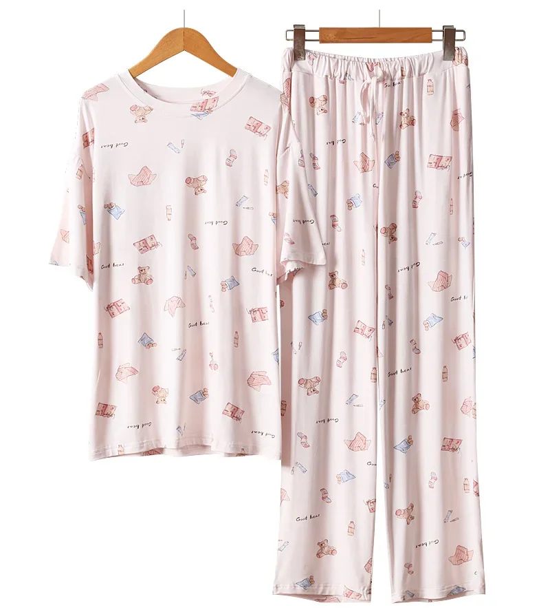 Kuzuwata Japanese Modal Soft Sets Womens Outfits Short Sleeve Pants Sleepwear Spring Summer Large Loose Cartoon Print Homewear