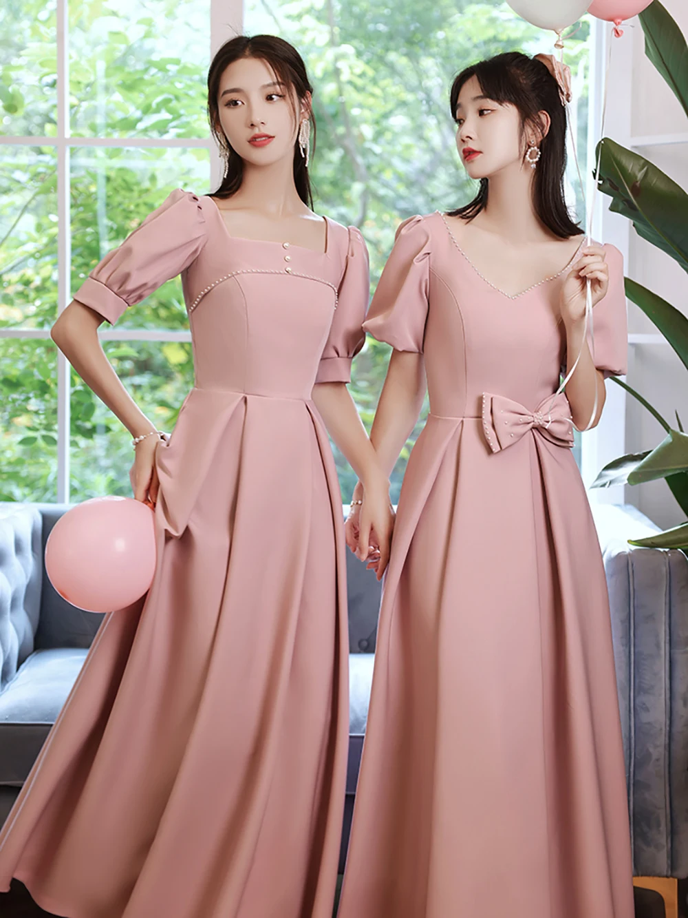 

Pink Bridesmaid Dress Satin Pearl Decoration Dress Women Show Thin New Summer Temperament Sisters Dress Bow Decor Dresses