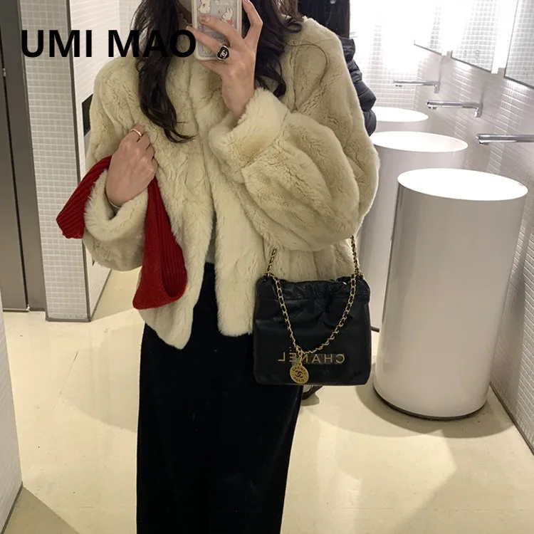 UMI MAO 한국산 렉스 토끼털 코트 여성용 루즈핏 편안한 심플한 청년 스타일 가을 겨울 신상 부드러운 리얼 퍼 자켓