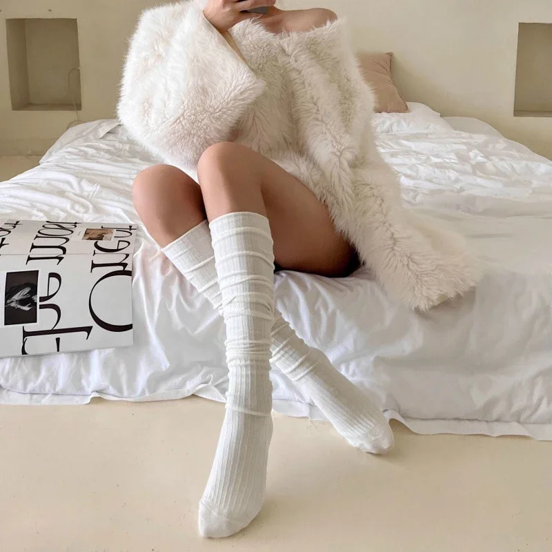 

Spring Knee Length Stockings for female White Pile Socks Fashion GIrls JK Slimming Boots Sock Japanese Calf Sock Cotton Footwear
