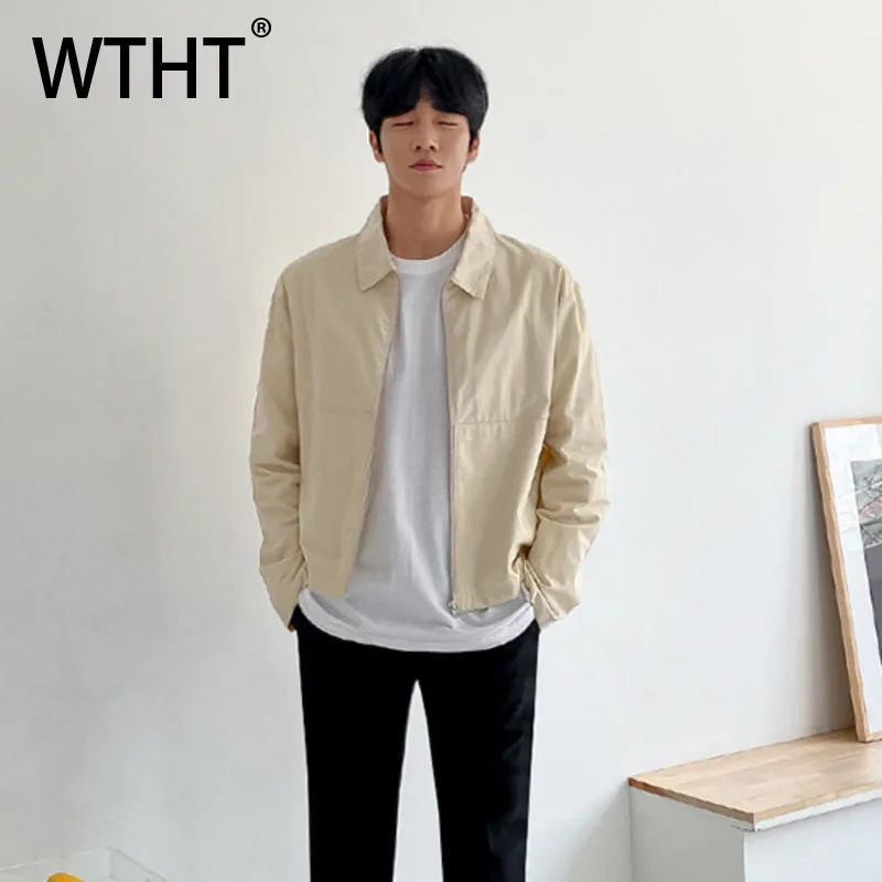 

WTHT модные мужские однотонные пальто на молнии в корейском стиле, модные куртки с длинными рукавами и отложным воротником, мужские куртки, лето 202, 2A0642