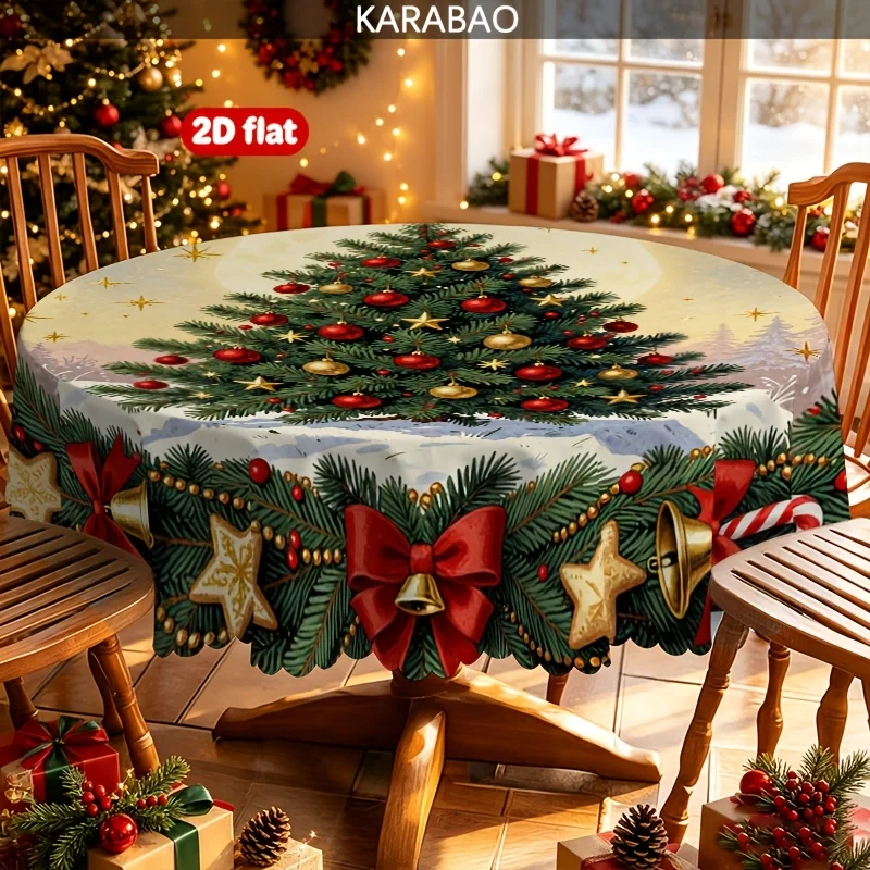 1 Christmas-themed round tablecloth, pine wreath with gold bell and red bow, central Christmas tree with colorful stars