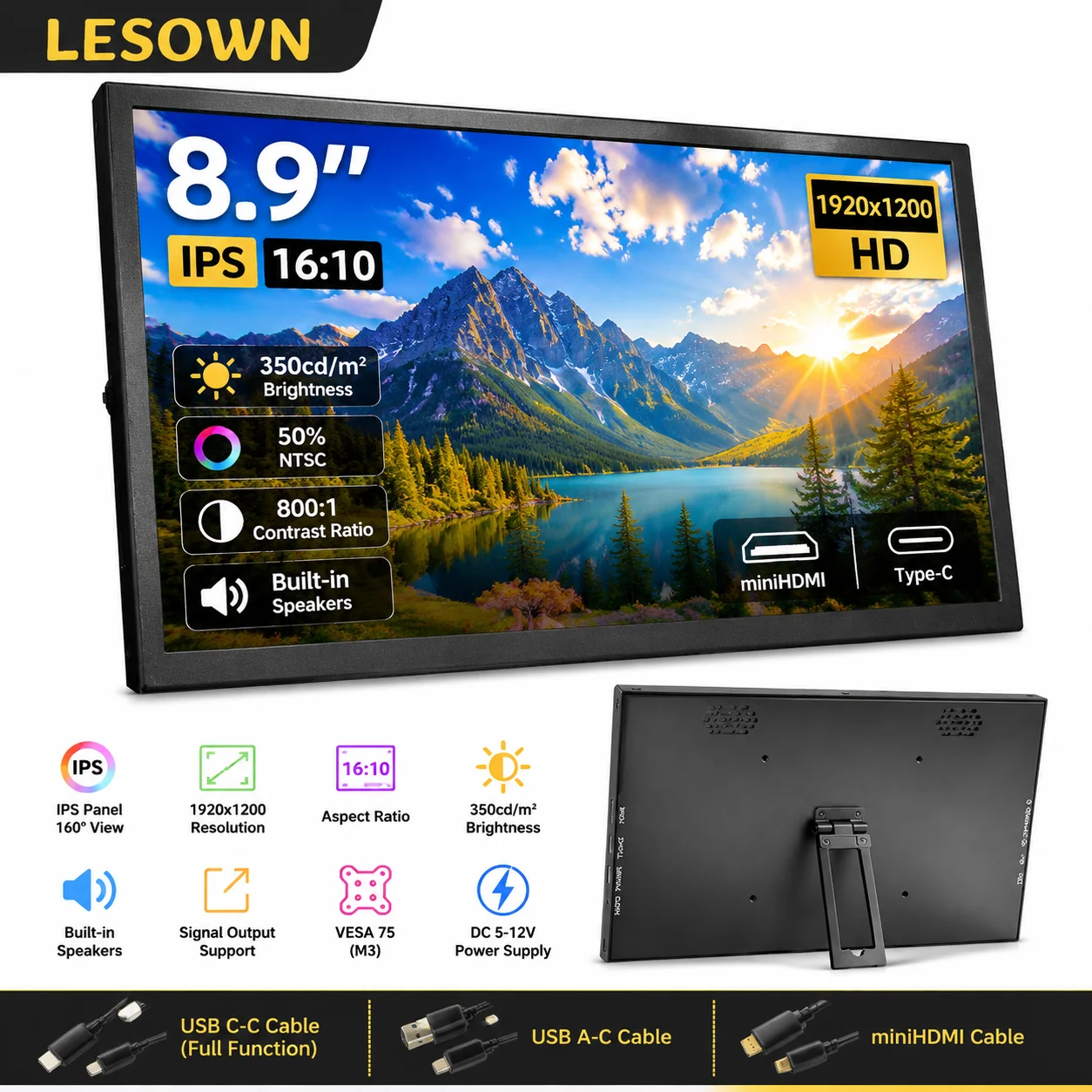 LESOWN Lightweight Desktop Sensor Display 8.9inch 60Hz Metal Secondary Panel FHD External Screen for Computer Host Unit