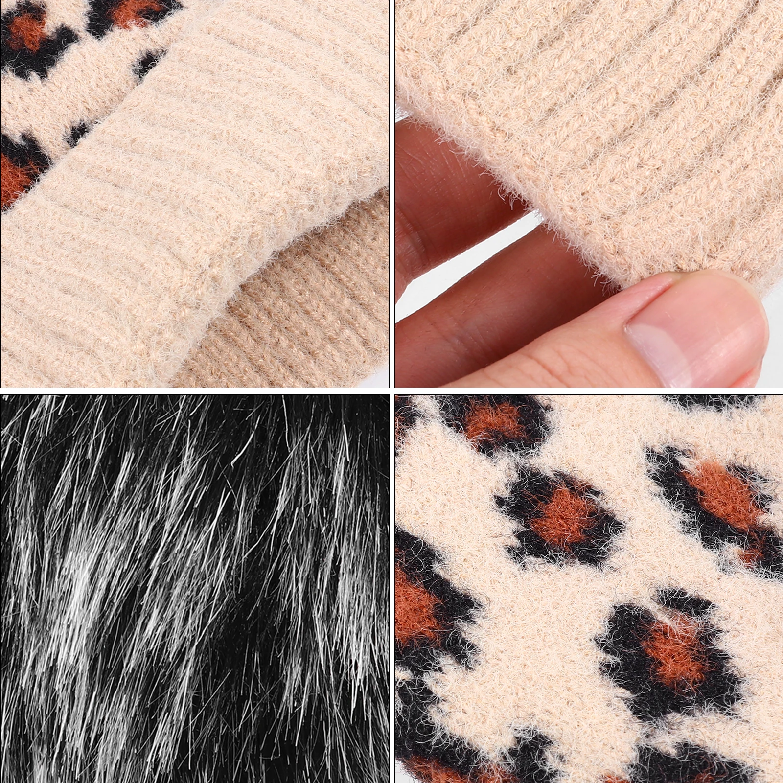 

Warm Knitted Hat for Women Winter Woolen Beanies Soft Faux Pompom Leopard Print Lightweight Cozy Outdoor Fashionable