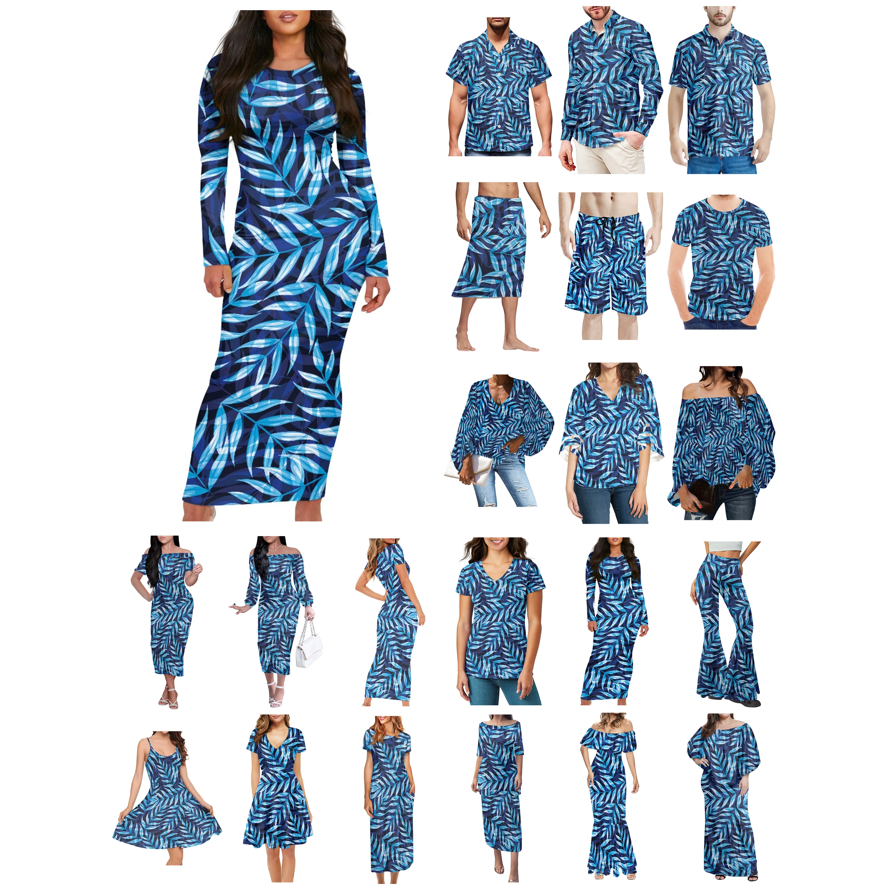 New Women Long Sleeve O-Neck Dress Blue Palm Leaf Print Matching Men Long Sleeve Button Shirt V-Neck Chiffon Top Lover Clothes