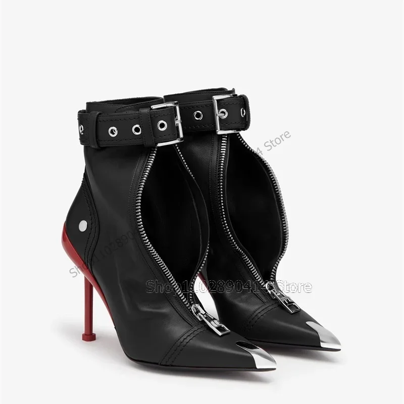 Rot Hohl Design Metall Spitz Stiefeletten Knöchel Schnalle Frauen Schuhe Dünne High Heels Runway 2023 Zapatos Para Mujere