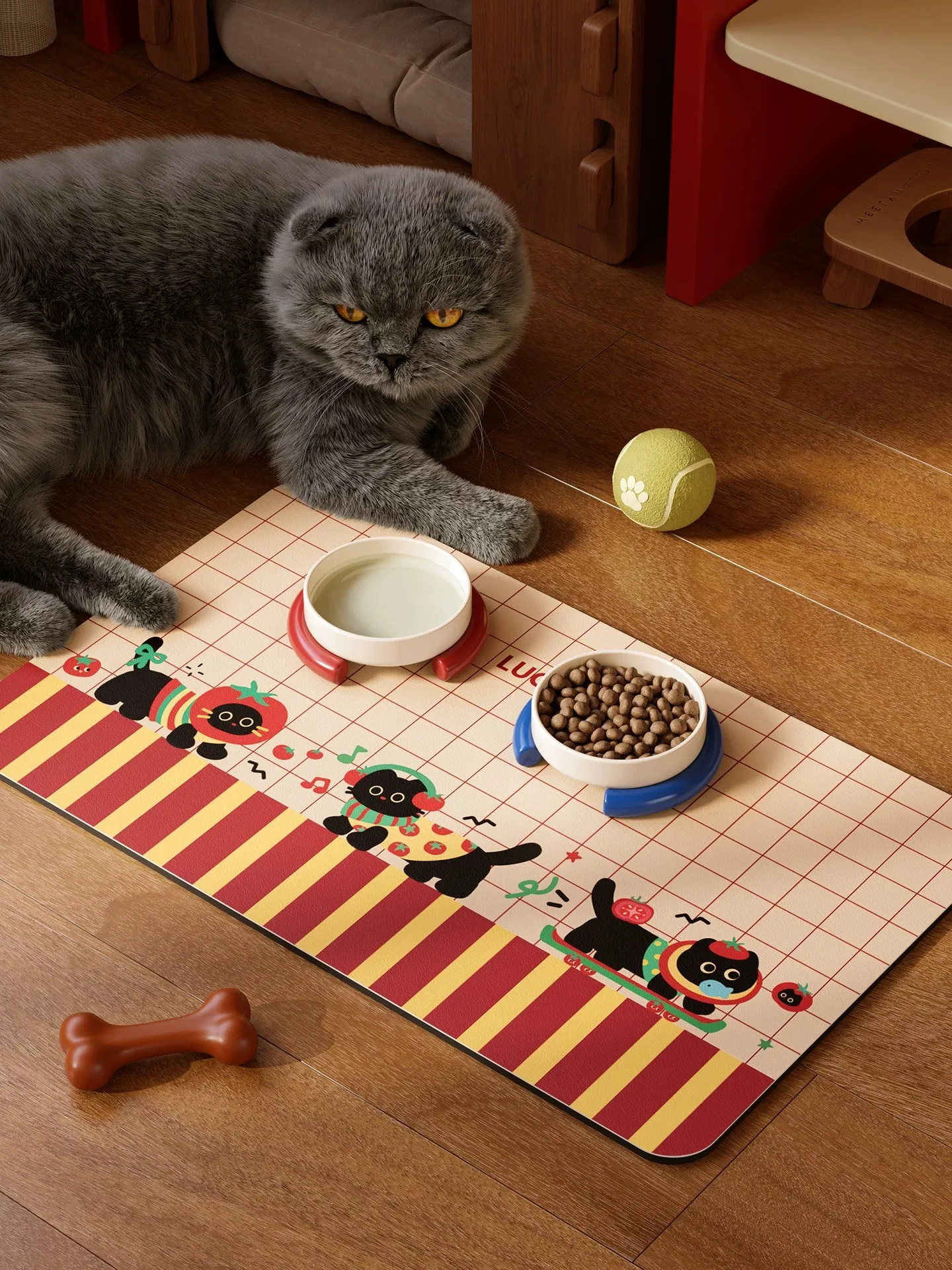 Cute Cartoon Cat Geometric Pet Feeding Mat Waterproof Oilproof Leather Dog Cat Food Bowl Placemat Floor Protector