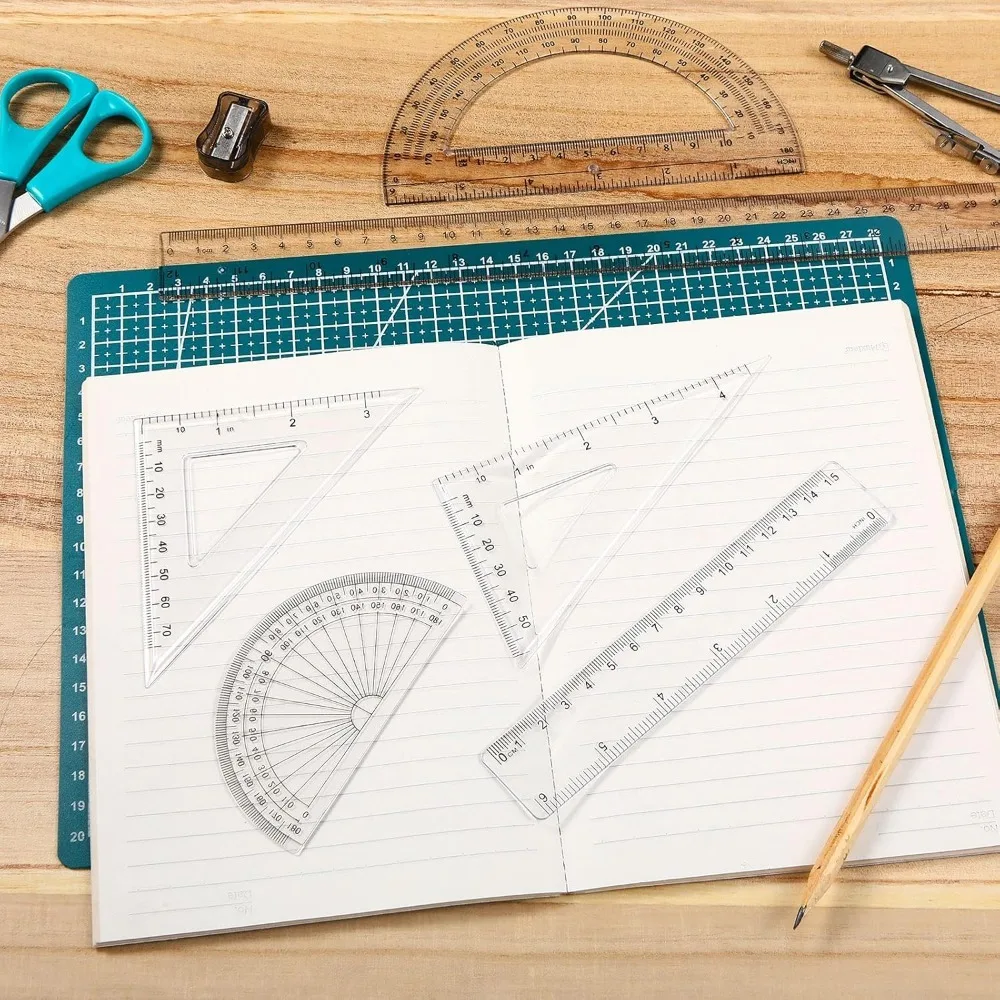Conjunto de 6 peças, inclui transferidor, triângulo, régua de 12/6 polegadas, régua matemática geométrica, régua transparente