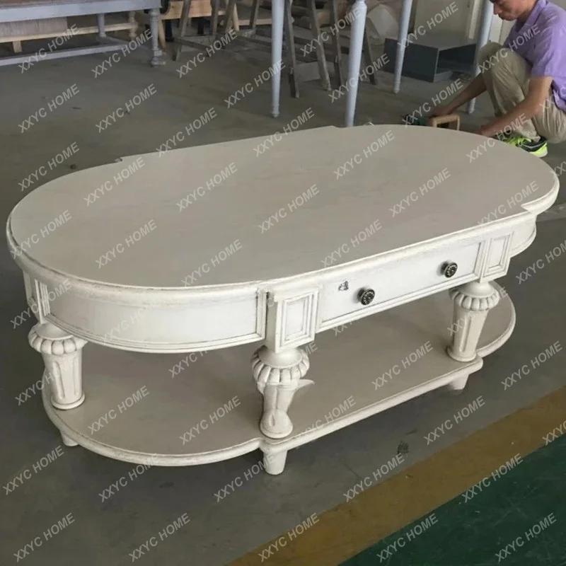 L country oval white coffee table all solid wood retro old living room carved tea table