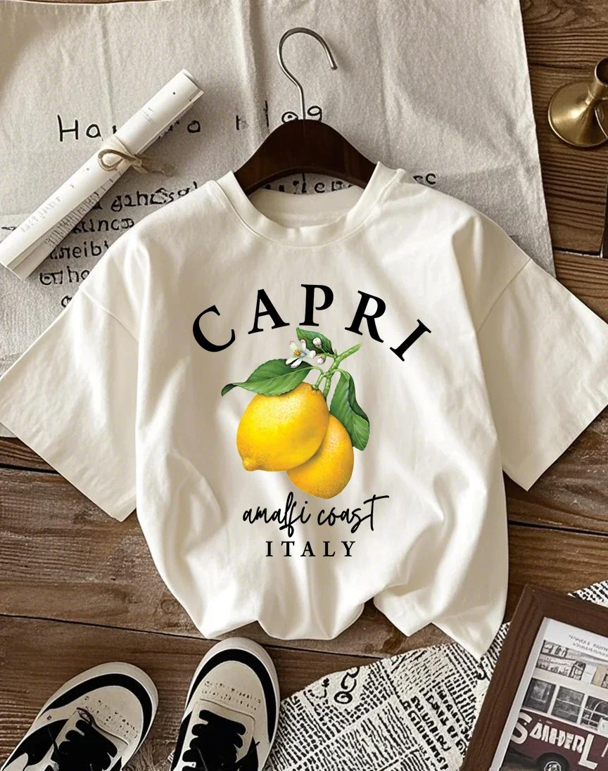 Capri Lemon Is Produced In Italy Print Women T-Shirts O-Neck Short Sleeve Trendy Loose Streetwear All-Match Summer Top