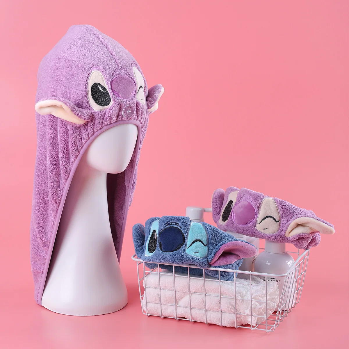 

Stitch Cartoon Coral Fleece Headband Quick-Dry Long Hair Drying Cap Absorbent Dorm Use Thickened Head Wrap For Fast Hair Drying
