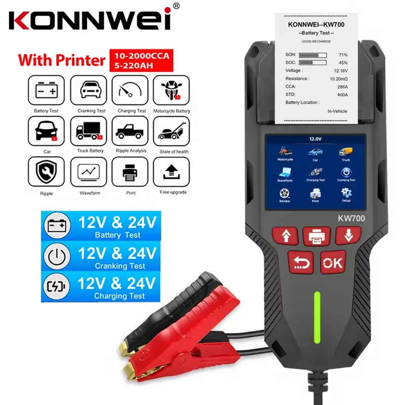 

KONNWEI KW700 Battery Detector Car Truck Motorcycle 12V 24V Car Internal Resistance Meter With Printer Battery Health Analyzer