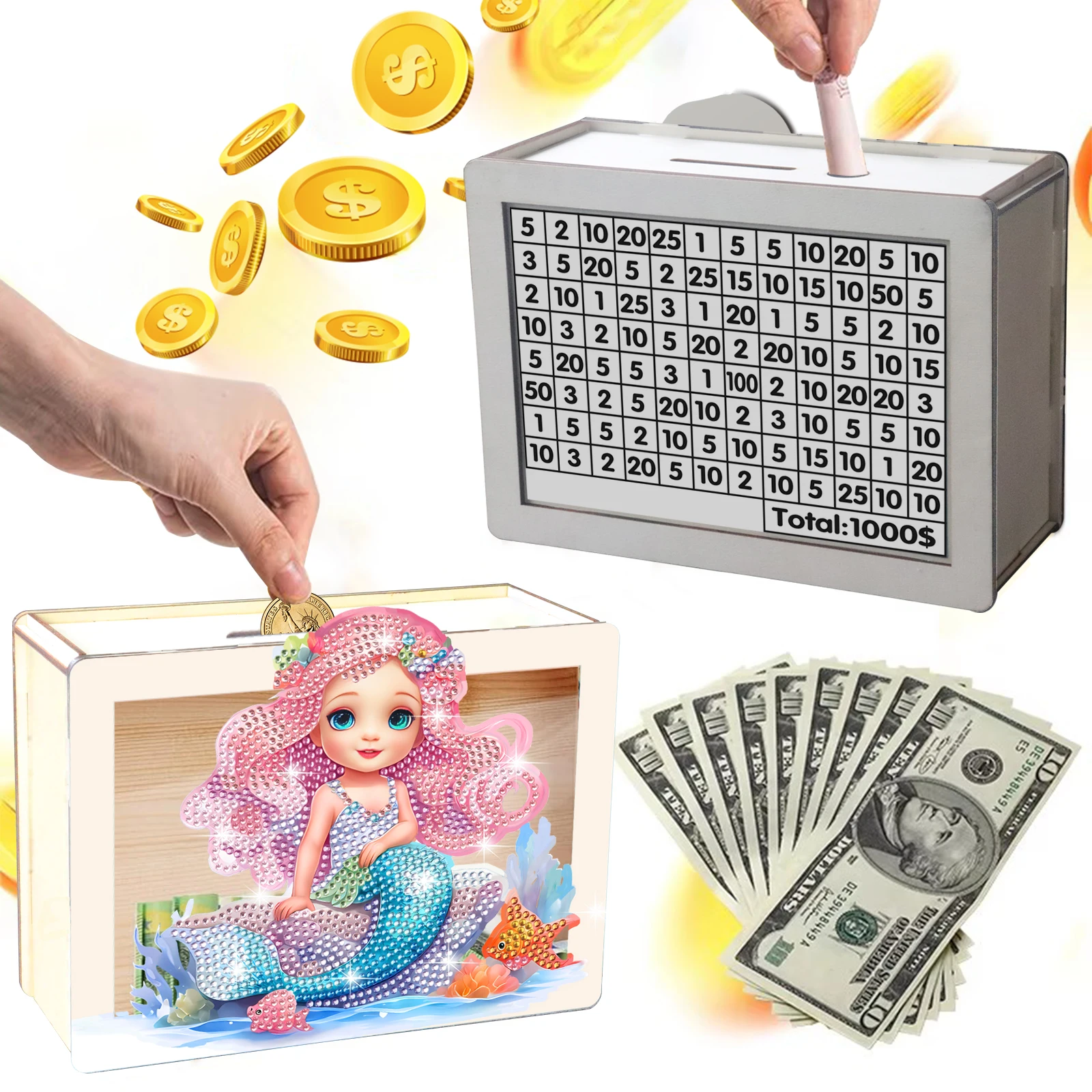 Creative DIY Diamond Painting Mermaid Piggy Bank Saving Money Box Cash Coins Storage Handmade Diamond Paiting Girl Gift