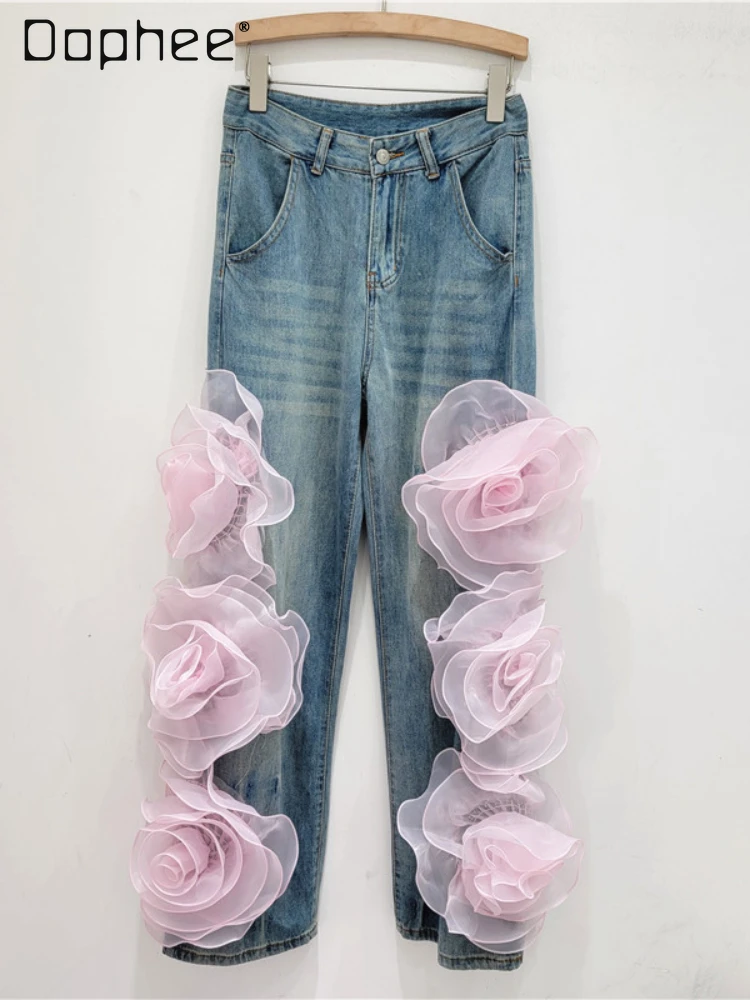 Street Style 3d Big Flower Decorative Baggy Jeans Women Spring and Autumn New All-Matching Straight Pants High Waisted Jeans