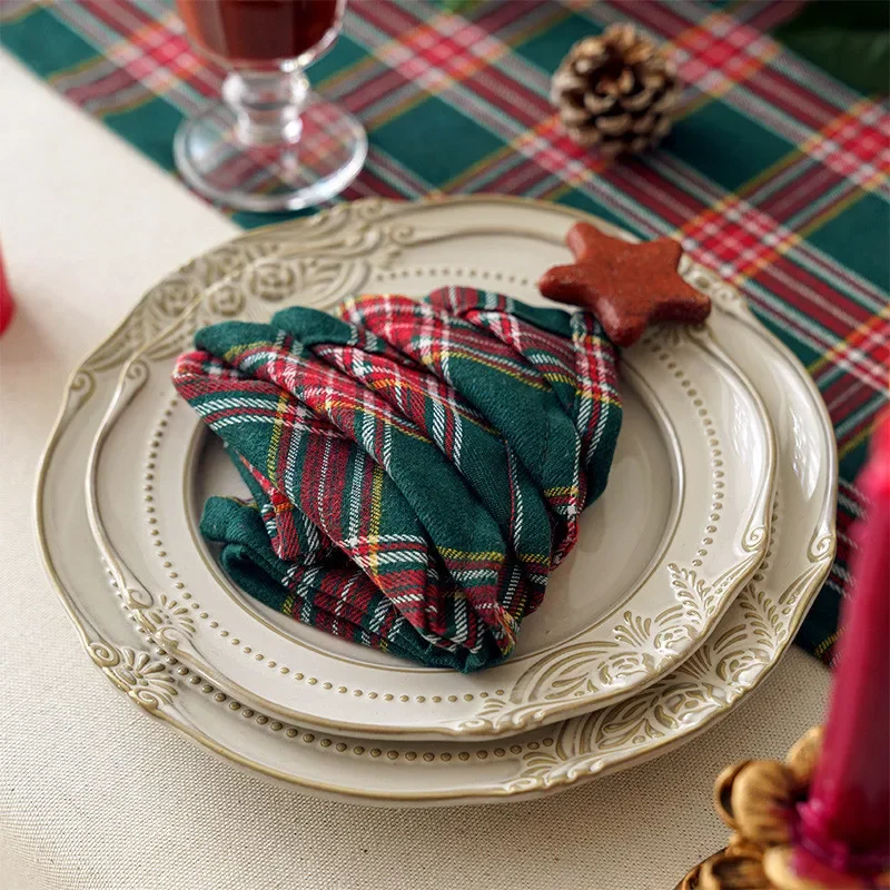 4PCS Christmas Decoration Plaid Napkin Woven Polyester Cotton Red Green Placemats for Home Party Xmas Restaurant Dining Decor