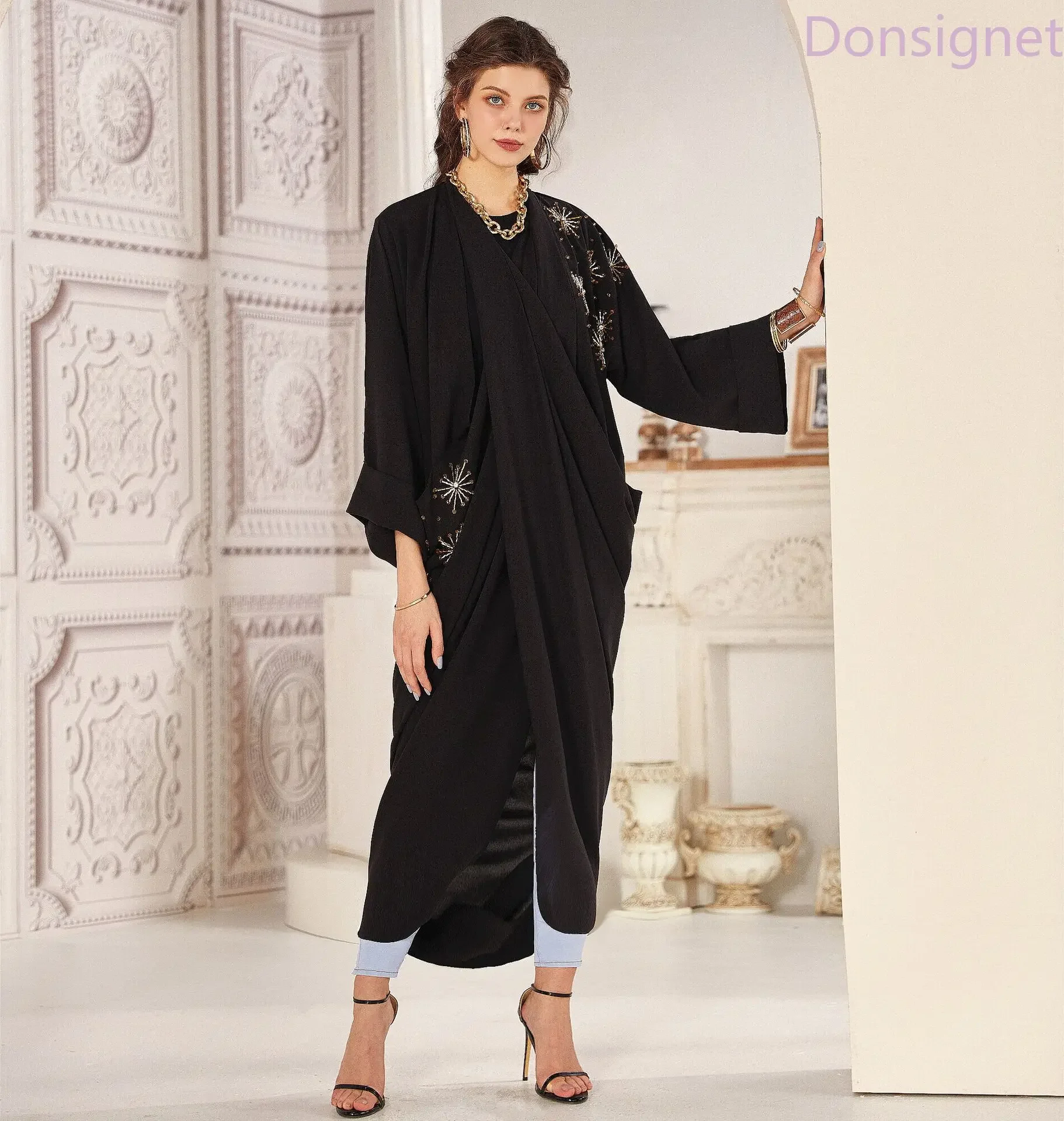 

Donsignet Dress Women Hand Sewn Bead Tube Jacket Middle East Muslim Fashion Dubai Abaya Turkey Long Dresses