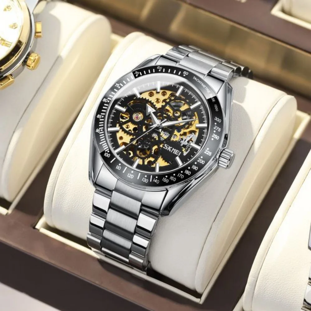 

Элитные мужские механические часы-скелетоны, водонепроницаемые часы с ремешком из нержавеющей стали, роскошные наручные часы в спортивном стиле, подходят для делового повседневного стиля и повседневной носки.