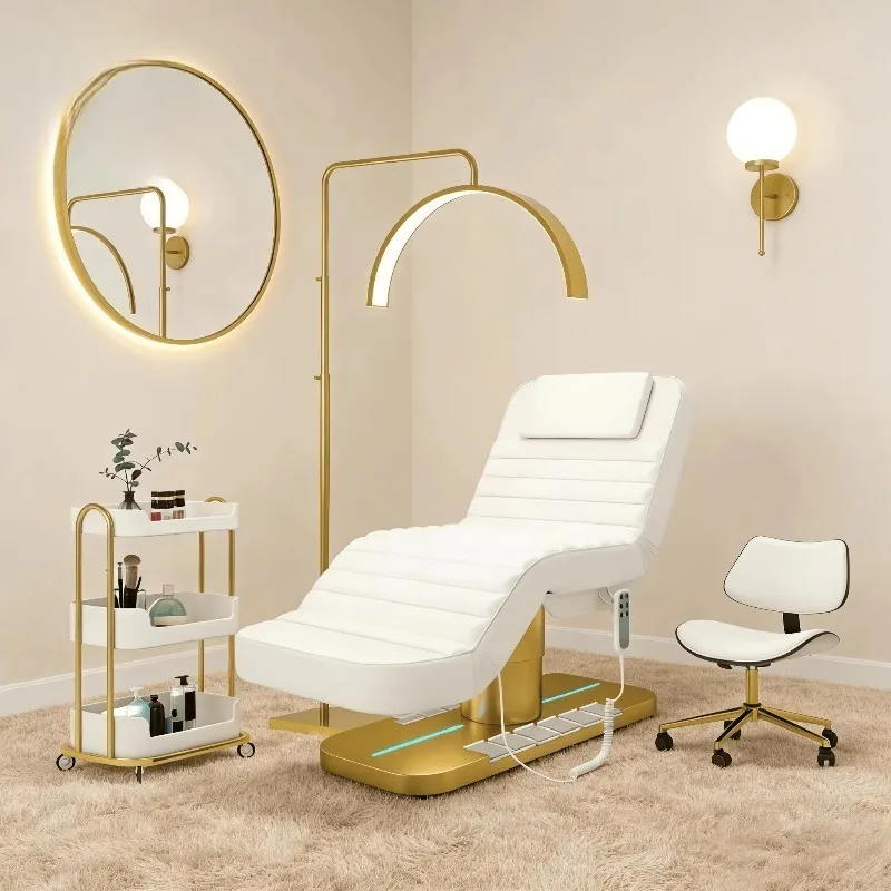Custom Salon Electric 4 Motors Facial Bed Beauty Bed Reclinable Gold Base Massage Table and Bed with Foot Control