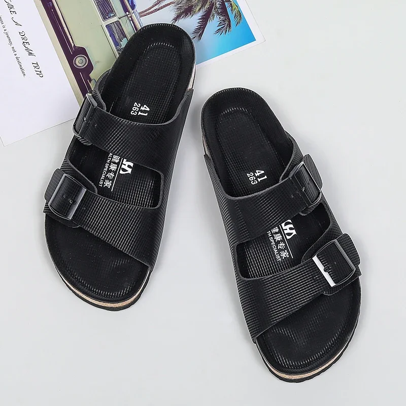 Thick Sole Men Cork Slippers Summer Casual Double Buckle Non-slip Clogs Slides Slip on Men Leather Beach Vacation Comfort Shoes