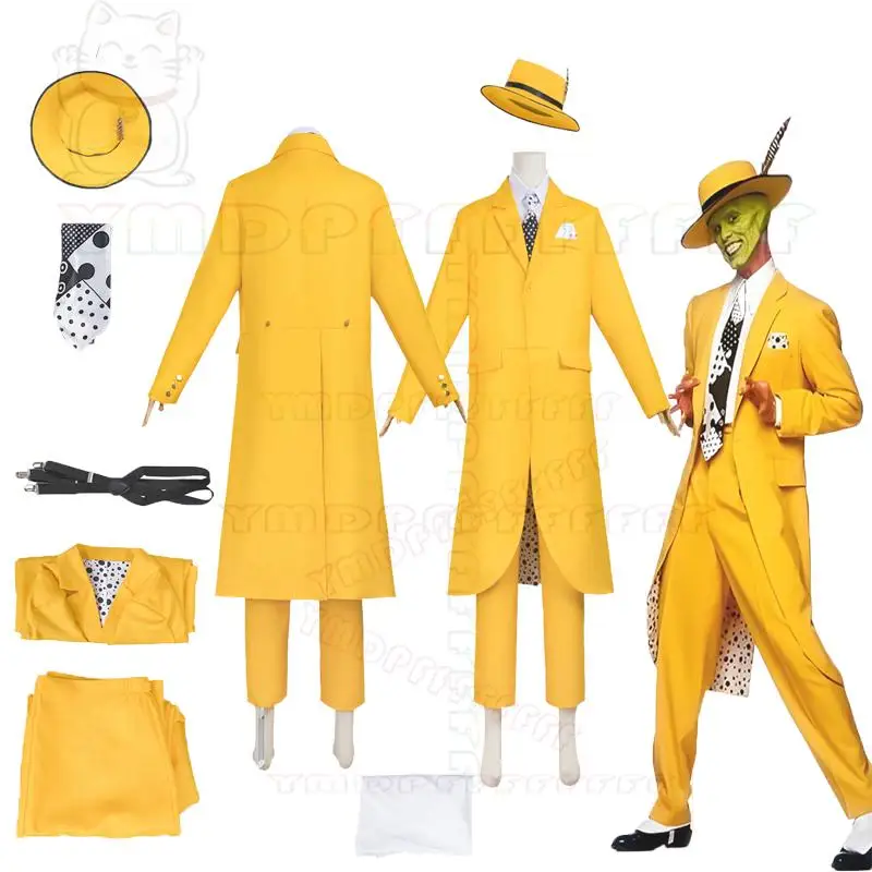 Spot disfrazado como el excéntrico Jim Carrycosplay traje largo amarillo máscara sombrero disfraz de Halloween