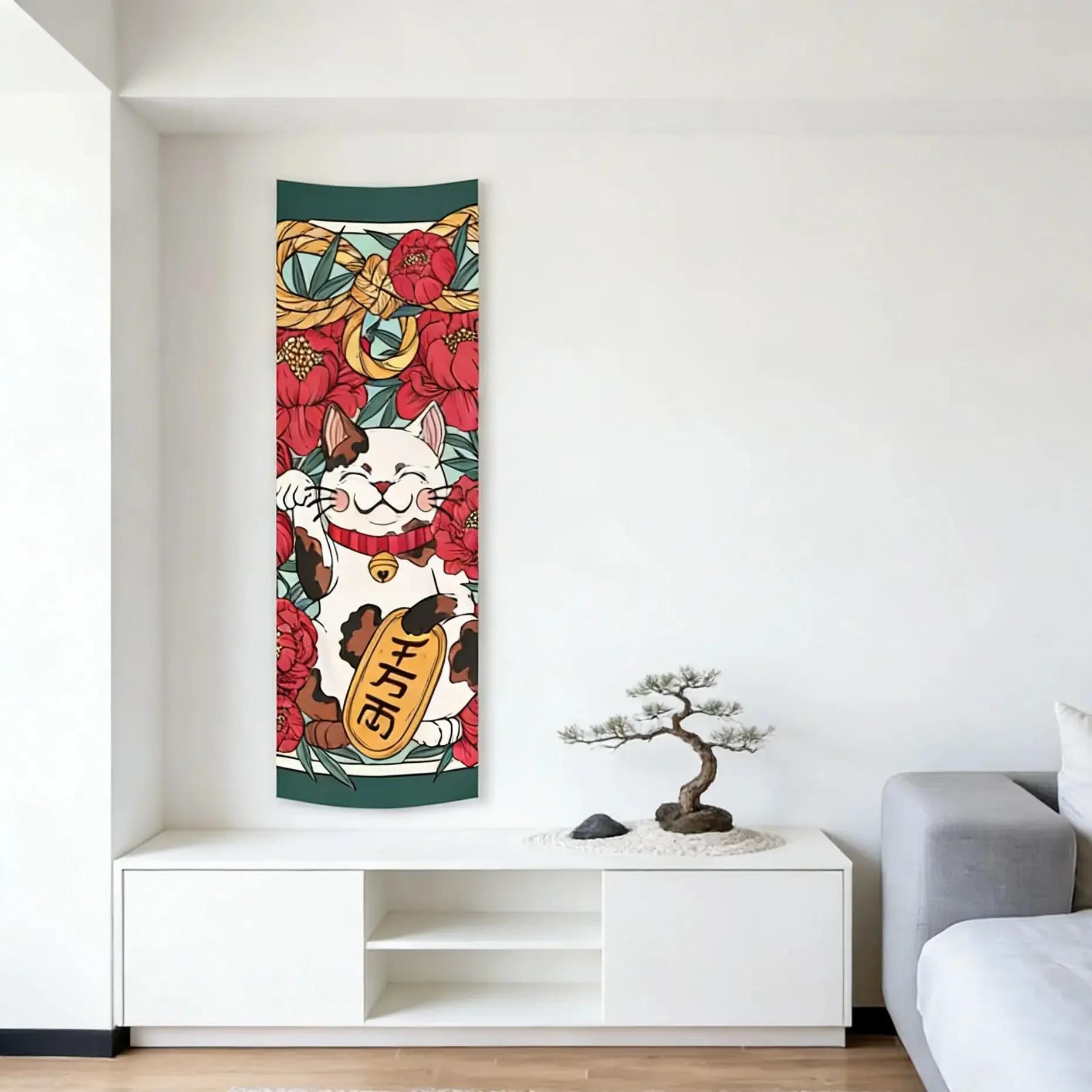 Maneki Neko Tapestry Multiple Sizes HD Print Lucky Cat Floral Thousand Gold Coin Soft Polyester Long Entryway Wall Decor Gift