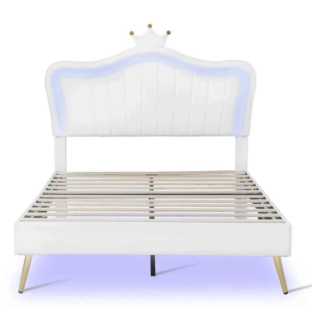 

Modern Princess PU Leather Upholstered Full Bed with Crown Headboard, Kids, Glam, White, Cute Headboard Design for Children