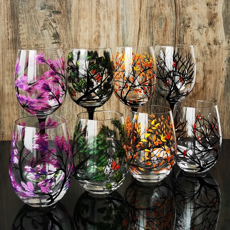 Crystal Glass Painted Goblet Creative Hand-painted Four Seasons Glass Goblet Wine Glasses Drinking Glasses Cocktail Glass