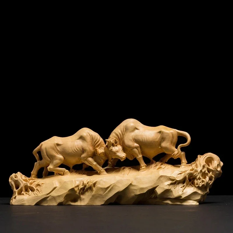 Spanish Bulls Fighting Animal Statue Sculpture Chinese Boxwood Home Decoration Wood Carving