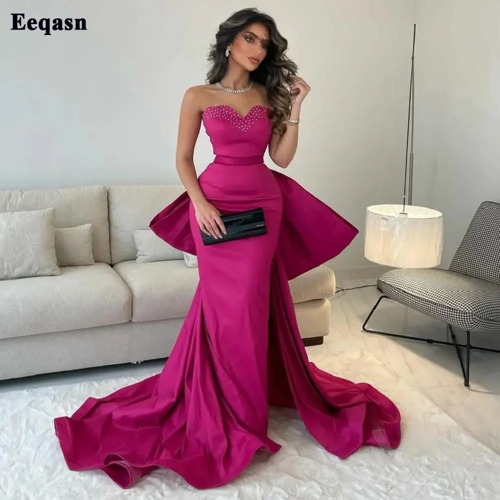 Customized Fuchsia Memaid Arabia Prom Dresses Long Beaded Bow Dubai Bodycon Evening Gowns Formal Women\'s Party Dress Long Train