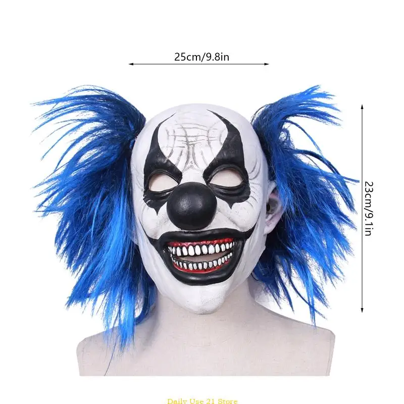 Realistic Latex Blue Hair Smiling Clown Mask Halloween Haunted House Headgear Party Cosplay Scary Props