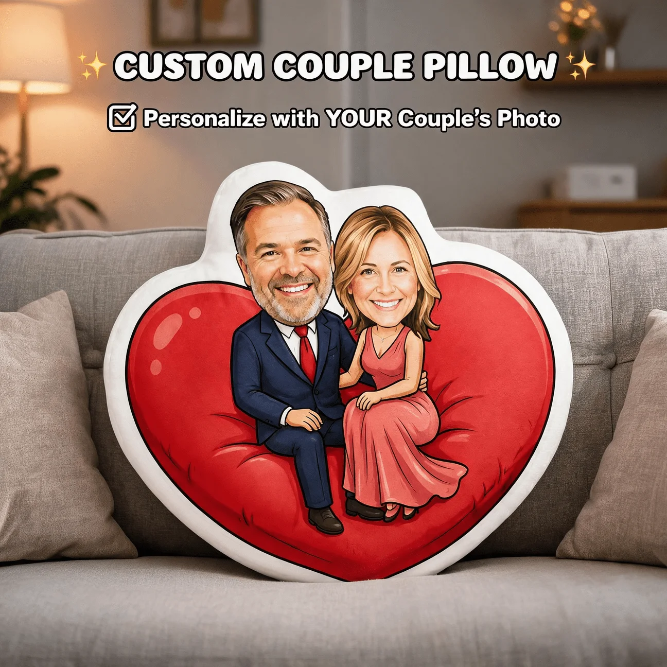 Personalized Couple Photo Shaped Pillow, Romantic Cartoon Portrait Custom Picture Decorative Cushion, Unique Home Decor Accent f