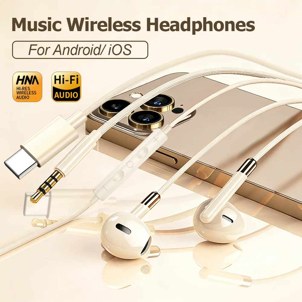 

Wired Headphones Type C 3.5mm Earphones With Microphone HiFi Stereo Sound Music Earplugs For iPhone 17 16 15 Xiaomi Samsung S25