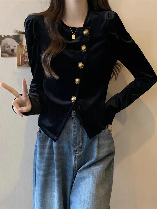 

Slim Fit Velvet irt Women's V-ne Tie Waist Design Autumn Winter Top Button Detail Inner Wear Base irt Faionable Frenc...