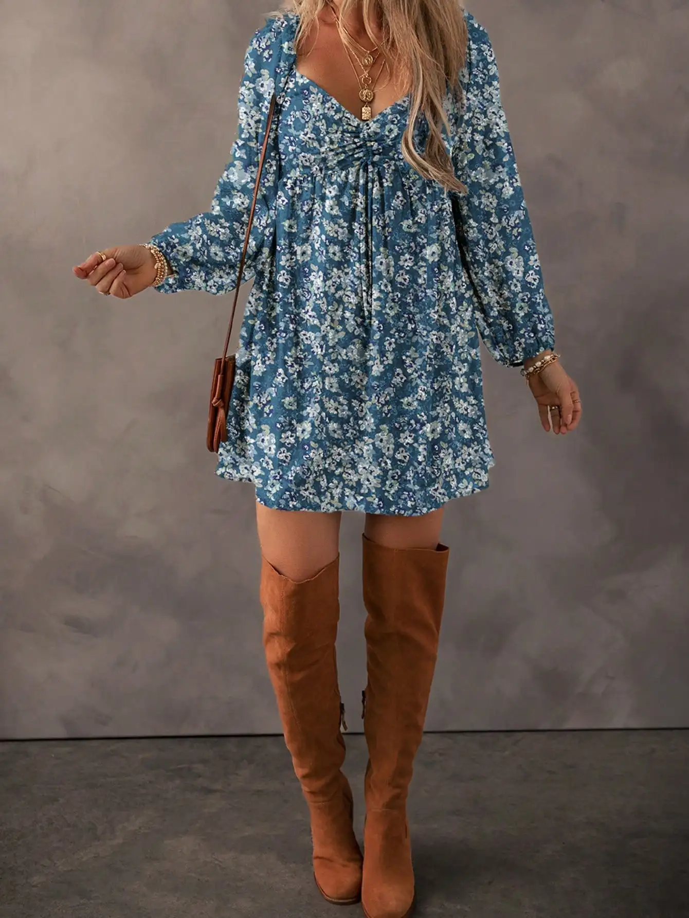 Acelitt Sommerkleid mit Ditsy-Blumenmuster und gerafftem Patchwork-Laternenärmeln vorne