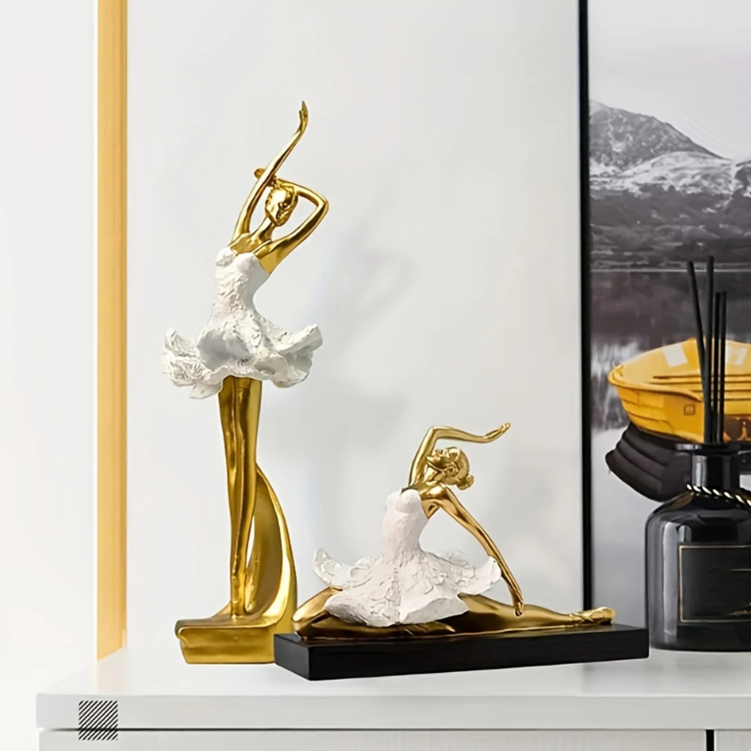 European Resin Sculpture - Golden Ballet Dancer Figurine for Elegant Living Room Decor - Ideal Gift for Dance Enthusiasts